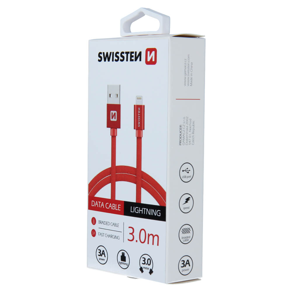 Textilný dátový kábel Swissten USB / LIGHTNING 3,0 M  - červený